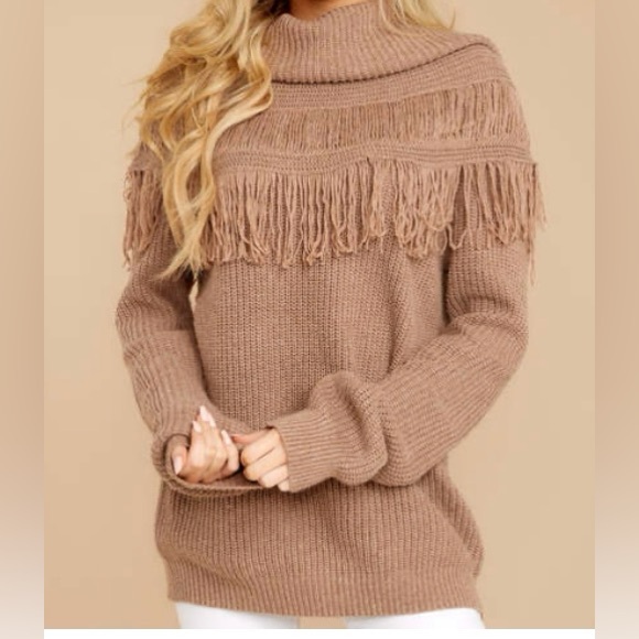 Chic Fringe Cowl Neck Sweater - Brown - Picture 1 of 9